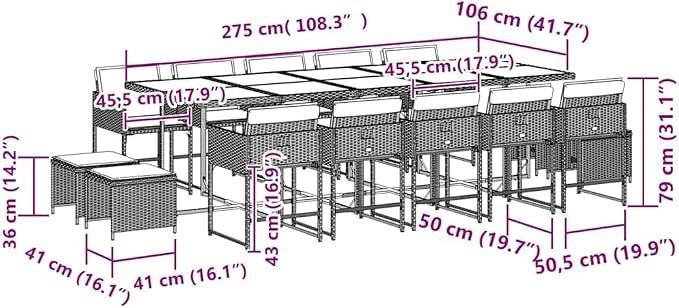 15-Piece Garden Dining Set, Synthetic Poly Rattan Patio Furniture with Acacia Wood Tabletop, Outdoor Seating for 14, Foldable and Stackable Design