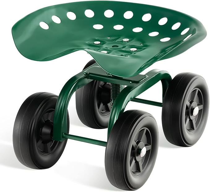 Garden Cart with Seat, Heavy-Duty Rolling Outdoor Wagon Scooter w/Height Adjustable & 360° Swivel Seat, Gardening Work Seat Stool, Patio Scooter on Wheels for Lawn Yard Planting (Green)