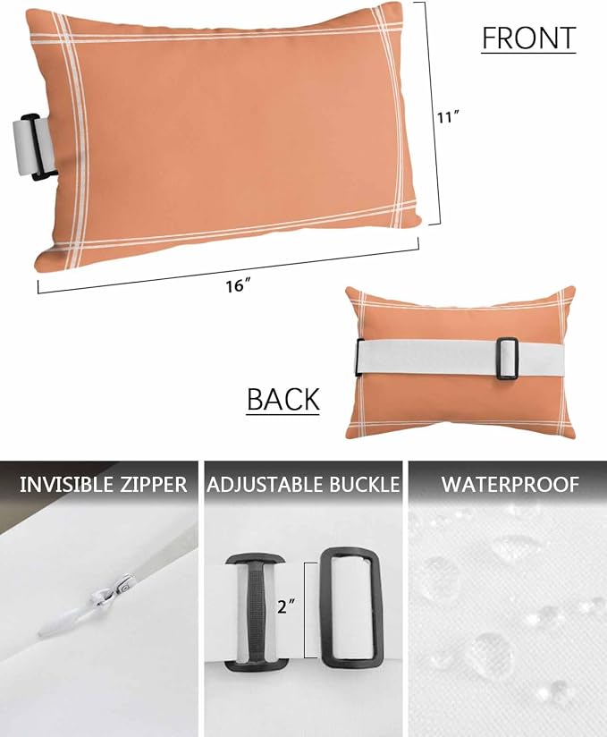 Chaise Lounge Chair Pillow with Strap & Insert Solid Color Outdoor Recliner Head Pillow Pack of 2 Orange Waterproof Headrest Patio Lumbar Pillow for Beach Pool Office Chair 11x16 Inch