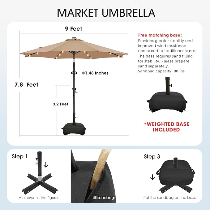wikiwiki 9FT Solar Led Patio Umbrella with Base Included, 32 LED Lights, 8 Sturdy Ribs, Fade Resistant Waterproof POLYESTER DTY Canopy for Garden, Lawn, Deck, Backyard & Pool, Tan