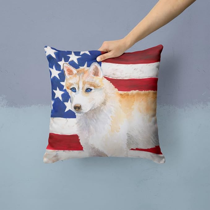 Caroline's Treasures BB9655PW1414 Siberian Husky Patriotic Fabric Decorative Pillow Machine Washable, Indoor Outdoor Decorative Pillow for Couch, Bed or Patio, 14Hx14W