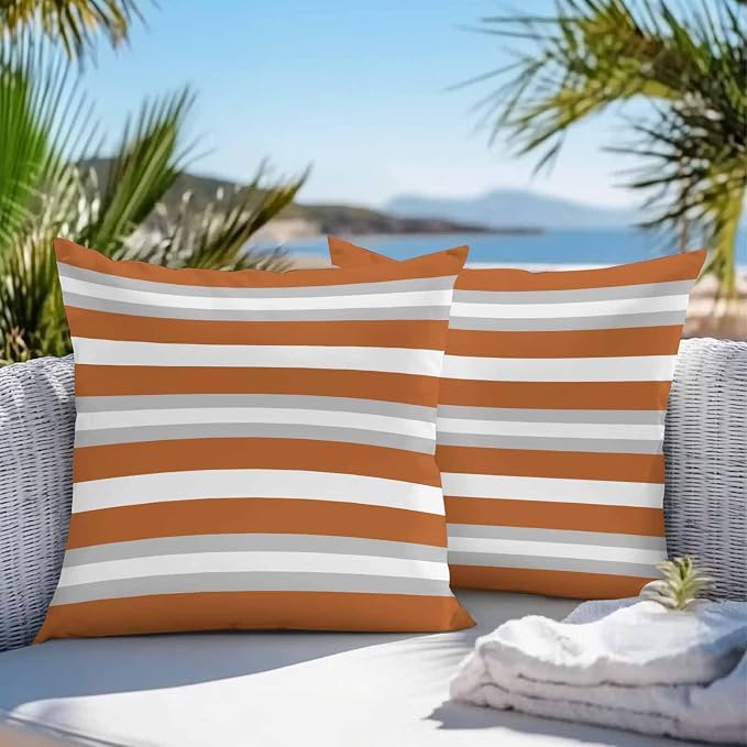 Throw Pillow Covers 20x20 Inch Set of 2, Burnt Orange Grey Stripe Waterproof Outdoor Pillow Covers, Minimalist Farmhouse Striped Decorative Cushion Pillowcases for Couch, Sofa, Bed, Garden, Patio