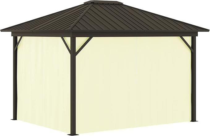 Outsunny 10' x 12' Hardtop Gazebo with Curtains and Netting, Permanent Pavilion Metal Single Roof Gazebo Canopy with Aluminum Frame and Hooks, for Garden, Patio, Backyard, Cream White