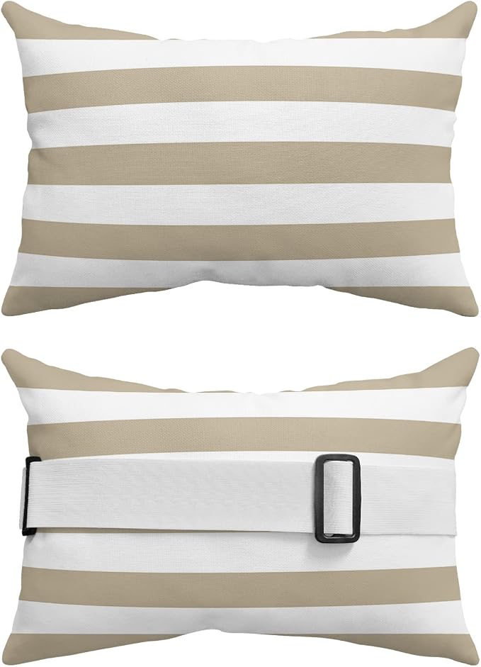 Outdoor Pillows Covers with Inserts Khaki and White Stripe Waterproof Recliner Pillow with Adjustable Strap Throw Pillows for Patio Furniture Pool Lounge Chair, 11x16 inch, 1PCS
