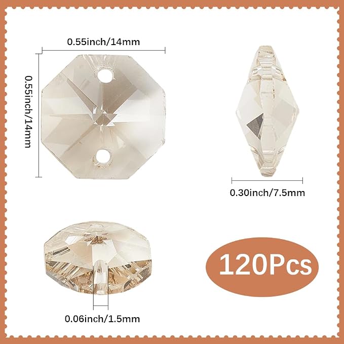1 Box 120Pcs K9 Crystal Glass Beads 14mm Crystal Glass Octagon Beads 2 hole Chandelier Prisms Light Grey Hanging Pendants for DIY Crafts Curtains Lamps Wedding Decoration Suncatcher Ornaments