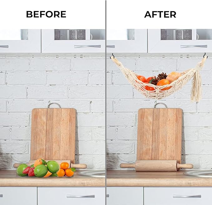 Hanging Fruit Hammock Under Cabinet Hanging Basket Includes Hooks - Macrame Bohemian Hanging Banana Vegetable Hammocks Kitchen Storage Counter Space Saving Decoration at Home, Boat (Style A - 1 Pack)