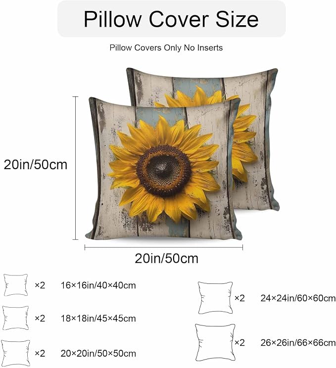 Vintage Sunflower Waterproof Outdoor Pillow Covers Set of 2 Home Decor, Farmhouse Wooden Botanical Floral Pillowcase Patio Pillow Covers for Couch Bench Furniture Garden 24x24in