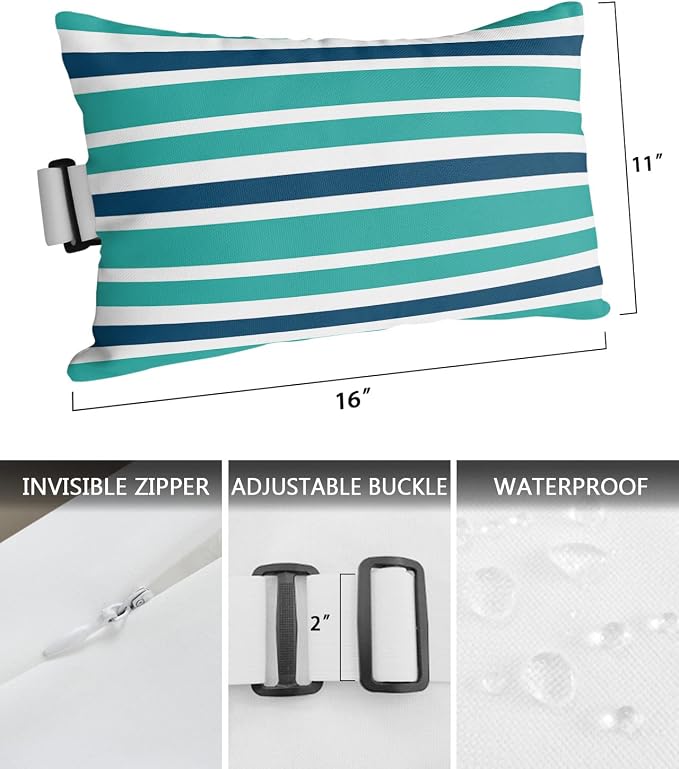 T&H XHome Outdoor Pillow for Chaise Lounge Chair, Teal Navy Blue White Stripe Waterproof Headrest Pillow Lumbar Pillows with Adjustable Elastic Strap for Beach, Poolside, Patio, Office (1 Pack)