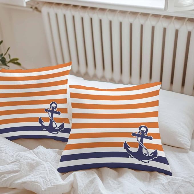 Throw Pillow Covers 18x18 Inch Set of 2, Anchor Orange Waterproof Outdoor Cushion Covers, Modern Navy Blue White Striped Nautical Decorative Pillowcases for Couch, Sofa, Bed, Garden, Patio