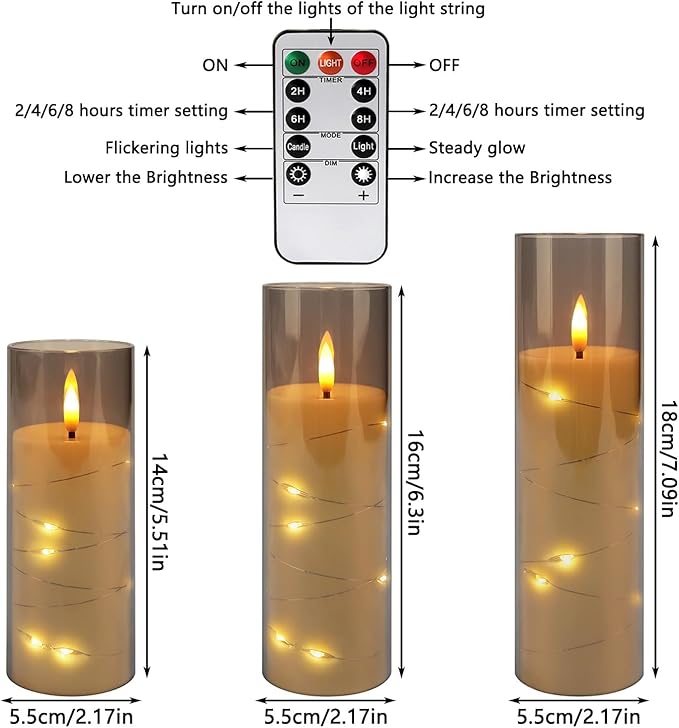 12-Pack Gray Acrylic Flameless LED Candles with Embedded String Lights - Remote Control for Holiday & Home Decor,Wedding.