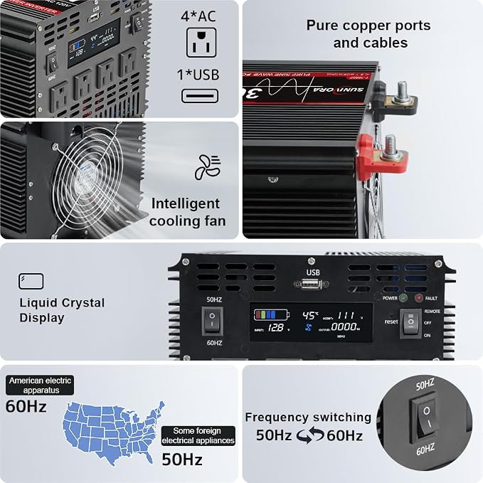 3000 Watt Pure Sine Wave Power Inverter, 12V DC to 110V/120V AC Converter 6000W Peak, with Remote Control LCD, 4 AC Outlets & USB Port & Hardwire Terminal, for Car Truck RV Camping Solar System EPS