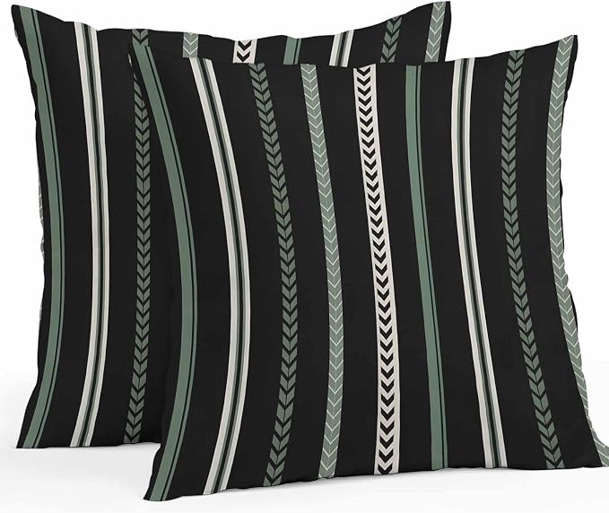 Throw Pillow Covers 18x18 Inch Set of 2, Black Green White Waterproof Outdoor Cushion Covers, Boho Vintage Abstract Striped Lines Decorative Pillowcases for Couch, Sofa, Bed, Garden, Patio