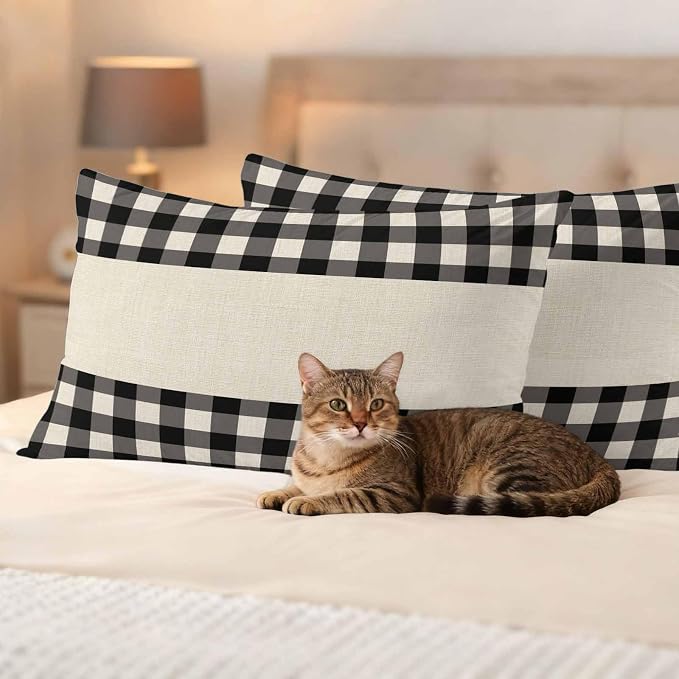 Retro Black Outdoor Waterproof Pillow Covers, Farmhouse Buffalo Plaid Vintage Beige Decorative Rectangle Throw Pillowcase Sofa Cushion Sham for Patio/Couch/Chair, 20"x12" 2 Pack