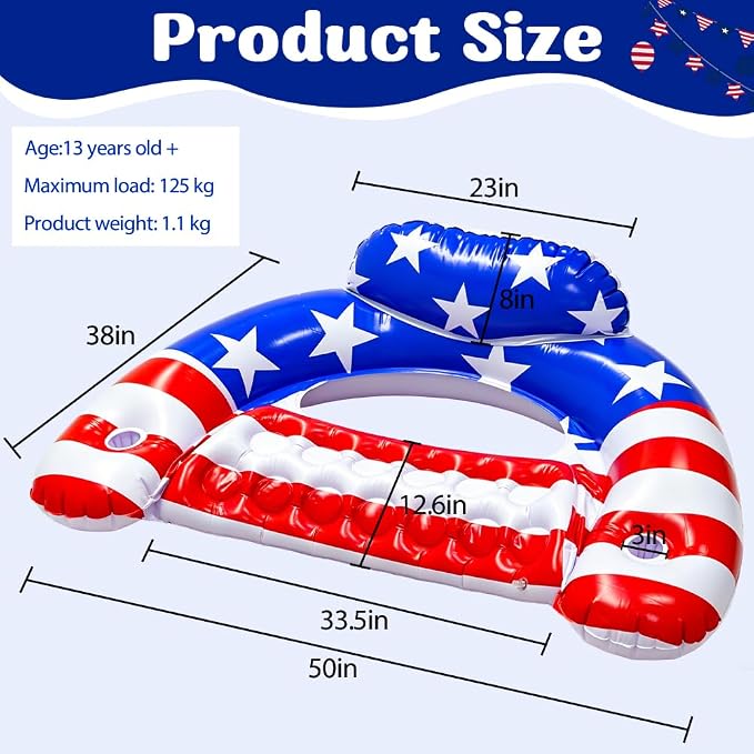 4th of July Inflatable Pool Float Chair with Cup Holder & Backrest - 2 Pack American Flag Pool Lounge Chairs for Summer, Pool, Lake & Beach, Reusable Floating Seat Pad for Adults