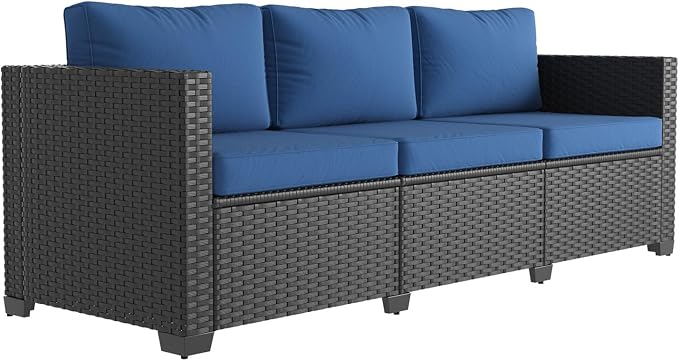 Aoxun 1 Piece 3-Seats Sofa Patio Furniture Set, Wicker Outdoor Furniture Conversation Set with 4" Thick Cushions for Deck Yard and Poolside Navy Blue