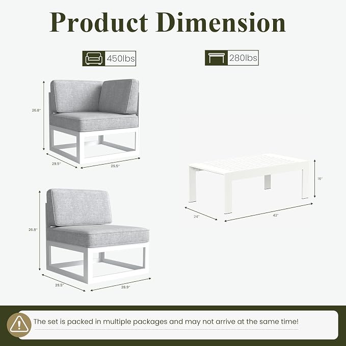 LayinSun 8 Pieces Modern Aluminum Patio Furniture Set with Coffee Table, Outdoor Modular Sectional Conversation Set L-Shaped Sofa for Backyard