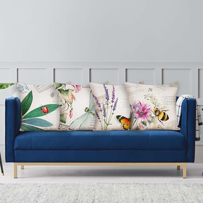 Outdoor Pillows Waterproof Garden Decoration Bee Butterfly Dragonfly Ladybug Pillow Case Leaf Lavender Flower Decorative Throw Pillow Covers 18 x 18 Inches Set of 4 outdoor pillow covers 18x18
