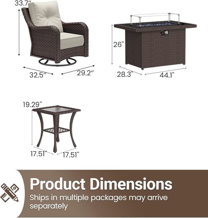 7 Pieces Outdoor Furniture Set with 6-inch Cushions, High Back Wicker Swivel Rocker Chairs with Fire Pit Table, Luxury Conversation Set for Deck Patio and Poolside