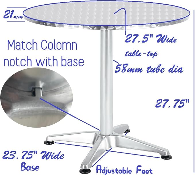 BTEXPERT Gray Indoor Outdoor Restaurant Stainless Steel Silver Aluminum + 2 Metal Slat Stack Commercial Lightweight, 2 Chairs with a 27.5" Round Table