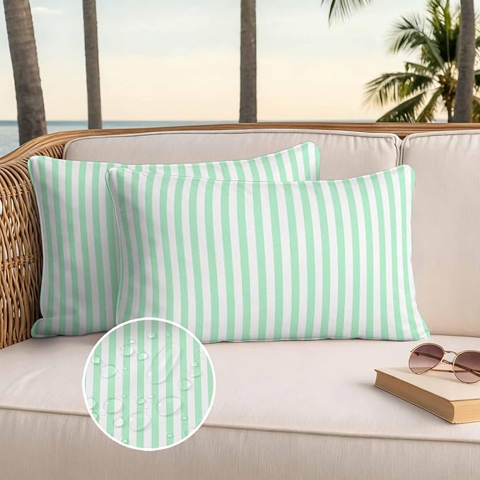 Lumbar Pillow Covers 20x12 Inch Set of 2, Green White Stripe Waterproof Outdoor Cushion Covers, Modern Minimalist Geometric Striped Decorative Pillowcases for Couch, Sofa, Bed, Garden, Patio