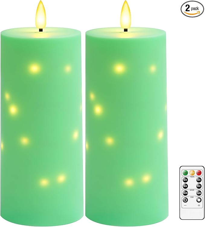 kakoya 10" x 4" Large Outdoor Waterproof Flickering Flameless Candles with Timer,2Pcs Battery Operated LED Pillar Candles with Embedded Star String for Outdoor Lanterns,Porch,Patio Decor(Green)