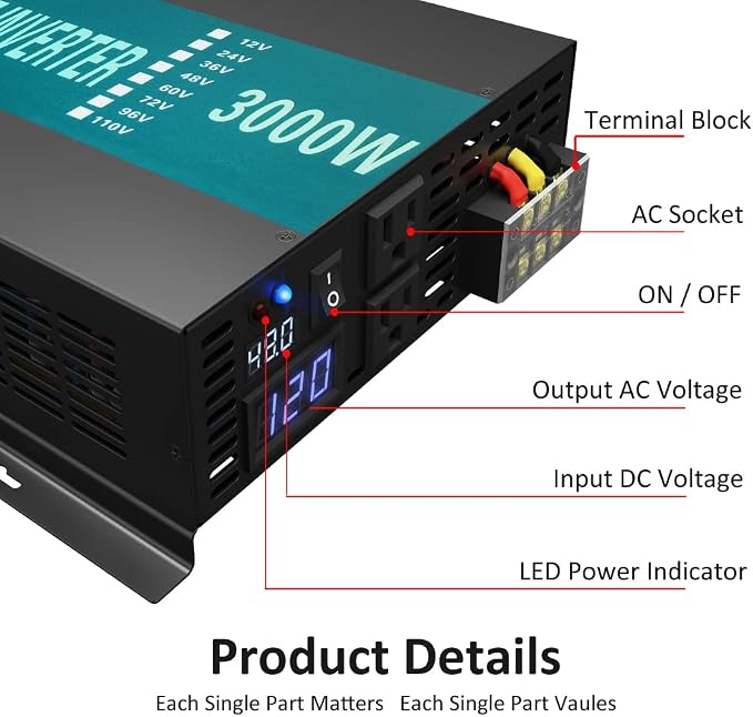WZRELB 3000W 48V (42V-60V) 120V Pure Sine Wave Power Inverter with 2 AC Outlets,Car Inverter (RBP-300048), Black