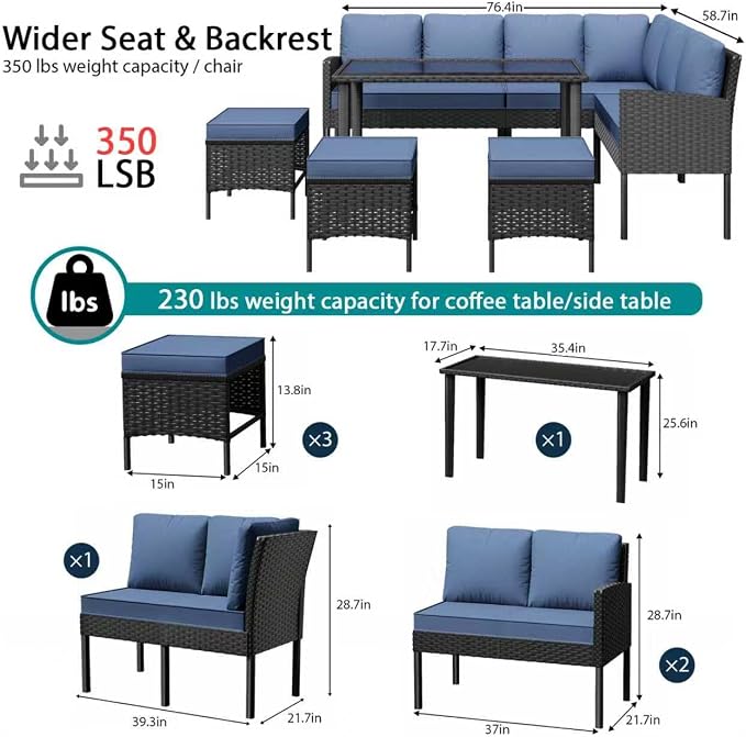 7-Piece Patio Furniture Set, All-Weather Wicker Sectional Sofa with Seat & Back Cushions, Long Glass Coffee Table, Outdoor Rattan Conversation Set for Garden, Porch, Lawn, Blue