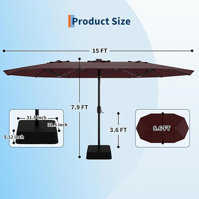 Garvee 15FT Rectangular Outdoor Umbrella Patio Umbrella with Base Included Large Market Umbrellas with Crank Handle UV Protection Table Umbrellas for Outdoor, Backyard, Deck, Poolside, Burgundy