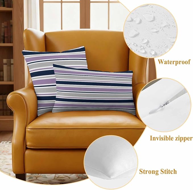 Purple Grey Striped Outdoor Pillow Cover 20x20 Inch Cushion Sham Case, Farmhouse Stripes Modern Abstract Art Waterproof Decorative Square Throw Pillowcase for Outside Garden Patio Porch Couch Chair