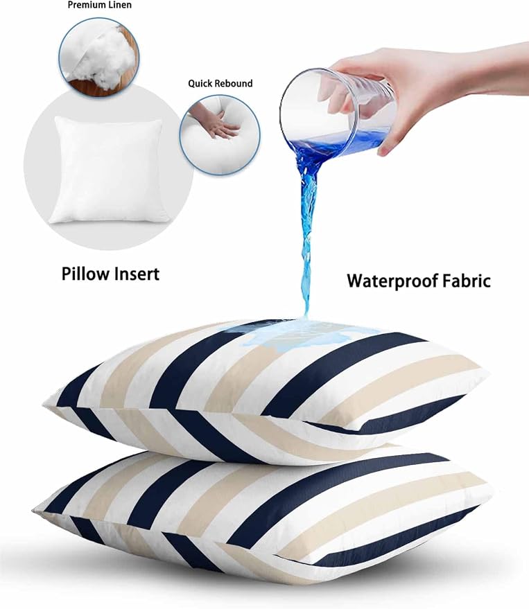Outdoor Pillows Waterproof, Beige Navy Blue Striped Bedding Throw Pillows with Insert for Couch Sofa Bed, Farmhouse Stripe Art 16x16 Inch Pillowcases Decorative Camping Patio Pillow Set of 2