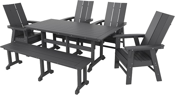 WestinTrends Ashore 6 Pieces Adirondack Patio Dining Set with Bench, All Weather Poly Lumber Slatted Outdoor Furniture Set, 71" Trestle Table and 4 Adirondack Chair and Outdoor Bench, Gray
