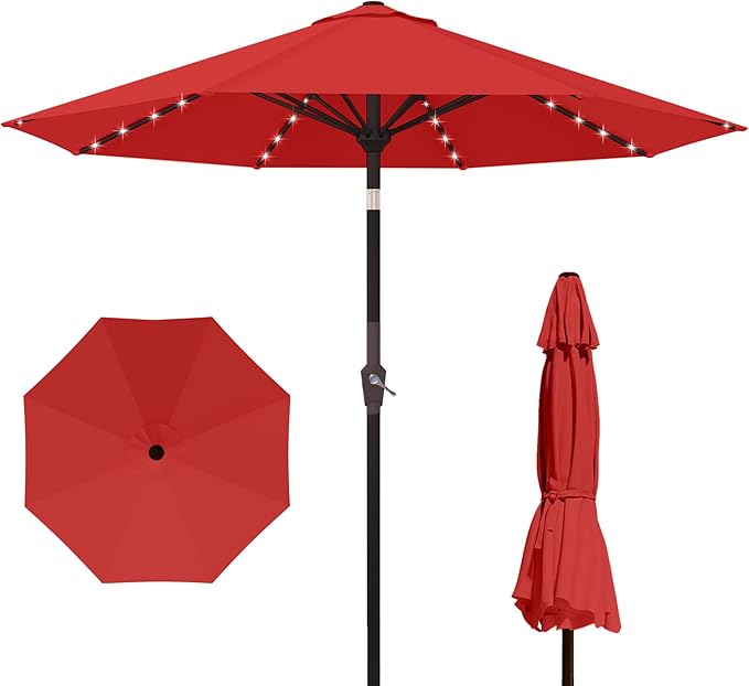 Kingdura 10FT Outdoor Patio Umbrella with Solar Lights, Market Table Umbrella with Push Button Tilt & Crank, 8 Sturdy Ribs, 32 LED Lights, UV Protection for Garden Lawn Deck Backyard Pool (Red)