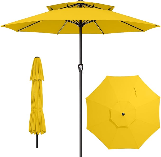 AreShark 12ft 2 Tiers Patio Umbrella - Outdoor Umbrella Waterproof UV Protection, Market Table Umbrella w/ 8 Sturdy Ribs&Crank for Pool, Porch, Garden(Yellow)