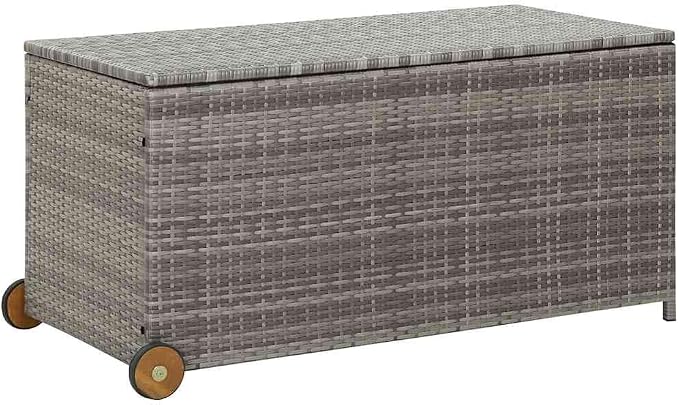 Poly Rattan Garden Storage Box with Wheels, 47.2x25.6x24 Inch Waterproof Deck Box for Patio, Cushion Storage with Inner Bag and Wooden Handle