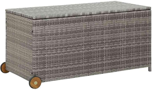 Patio Storage Box 47.2"x25.6"x24" Light Gray Poly Rattan Garden Deck Box for Outdoor Furniture Cushions Pillows and Toys with Wheels Handle and Gas Lift