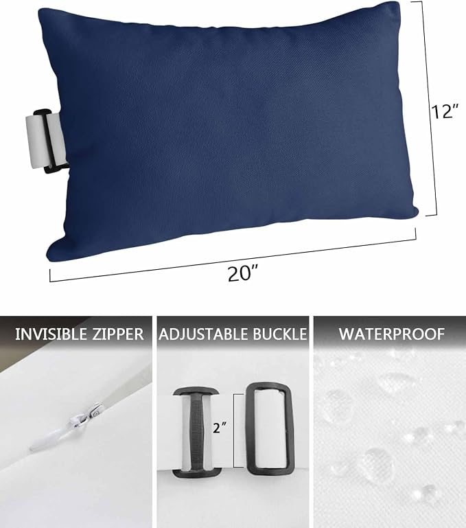 Outdoor Pillows Covers with Inserts Navy Blue Solid Color Waterproof Pillow with Adjustable Strap Throw Pillows for Patio Furniture Pool Lounge Chair, 12x20 Inch, 2PCS