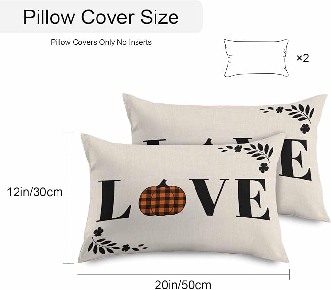 Orange Pumpkin Outdoor Waterproof Pillow Covers, Fall Leaves Love Heart Beige Pastoral Decorative Rectangle Throw Pillowcase Sofa Cushion Sham for Patio/Couch/Chair, 20"x12" 2 Pack
