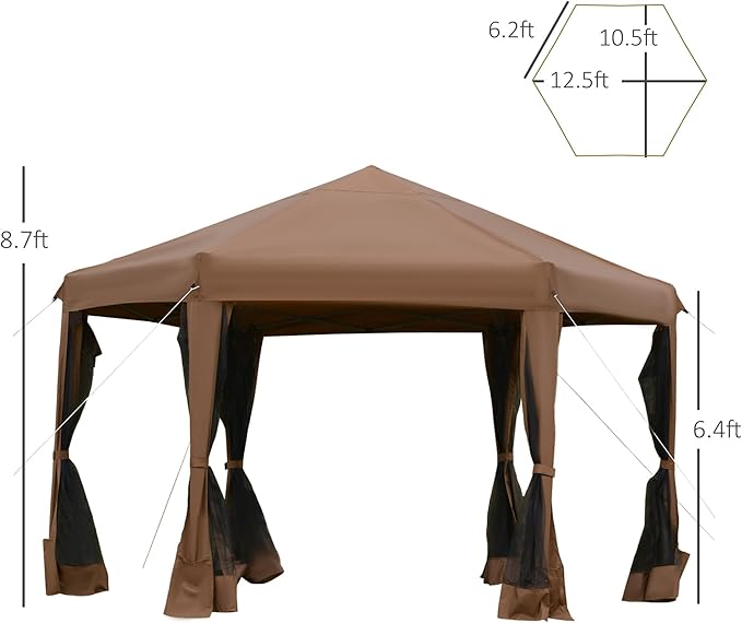 Outsunny 13' x 11' Hexagonal Pop Up Gazebo, Heavy Duty Outdoor Canopy Tent with 6 Mesh Sidewall Netting, 3-Level Adjustable Height and Strong Steel Frame, Brown