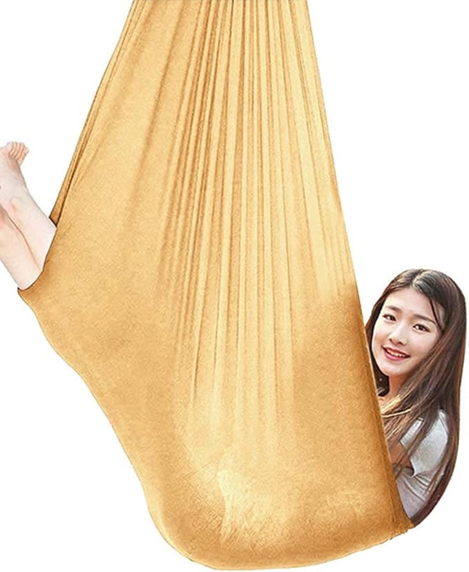 360° Rotating Elastic Aerial Yoga Hammock Outdoor Indoor Swings Aerial Yoga Sensory Therapy Cuddle Swing Soft Elastic Parcel Steady Seat Swing (Color : Gold, Size : 100x280cm)