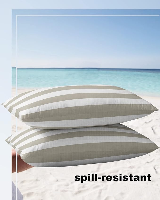 Outdoor Waterproof Pillow Covers for Patio Furniture Classical Striped Decorative Throw Pillow Cover Beige Pillowcases Set of 2 Cushion Case for Sofa Couch Chair Home Decor 20 x 12 Inches