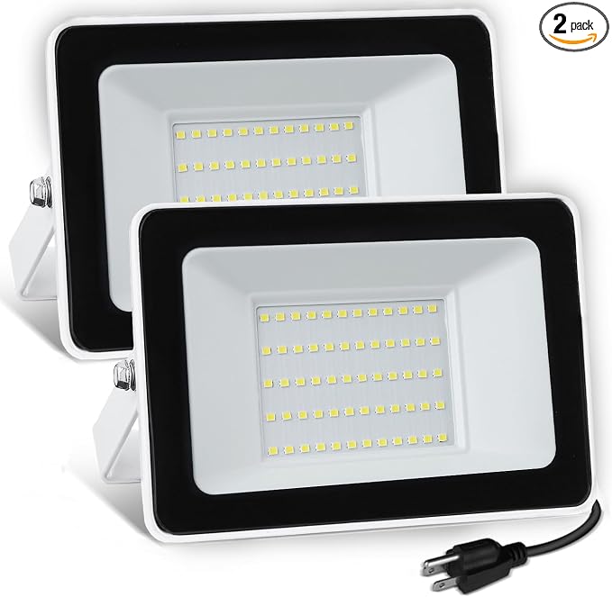 UFOND 5000 Lumen LED Flood Light with Plug, 2 Pack Outdoor Floodlight | Waterproof Security Lights, Lighting Angle Adjustable Wall Lights for Garage Gate Garden Yard Patio Porch