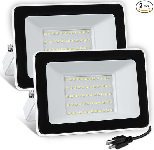 UFOND 5000 Lumen LED Flood Light with Plug, 2 Pack Outdoor Floodlight | Waterproof Security Lights, Lighting Angle Adjustable Wall Lights for Garage Gate Garden Yard Patio Porch