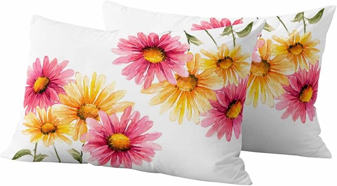 Yellow Pink Daisy Outdoor Pillow Covers 20"x12" Set of 2, Rustic Farmhouse Boho Wildflowers Waterproof Throw Pillow Covers for Patio Furniture, Decorative Cushion Covers for Porch