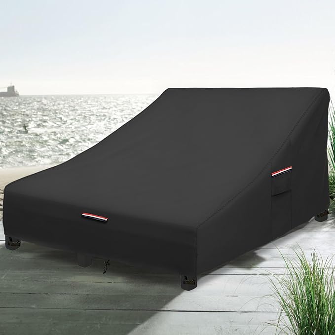 Okcool 100% Waterproof Patio Double Wide Chaise Lounge Chair Cover, 600D Tough Canvas 80 Inch Outdoor Chaise Lounge Covers,Black