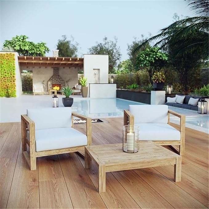 Pemberly Row 3-Piece Teak Wood Patio Set, Natural and White Finish, Includes Coffee Table and 2 Armchairs, Solid Teak Construction, Water-Resistant Cushions, Modern Outdoor Furniture for Garden or
