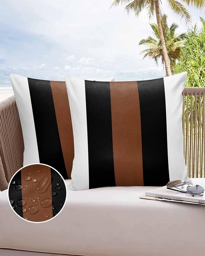 Outdoor Waterproof Throw Pillow Covers Set of 2 Brown Black White Pillowcases 26x26 Inches Boho Style Patio Decorative Pillows Cushion Case Patio Pillows for Couch Bed Chair Garden