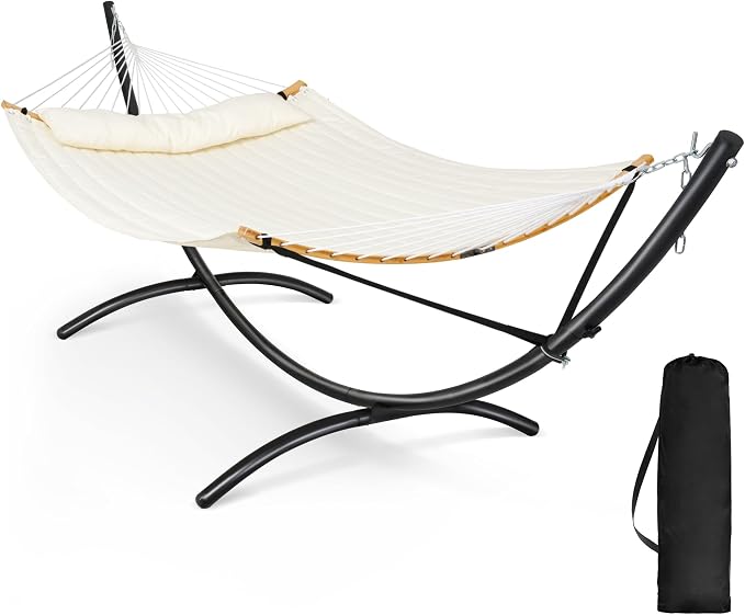SUNCREAT Hammocks for Outside with Stand, Porch Hammock and Stand, 475 lbs Capacity, Patent Pending, Beige