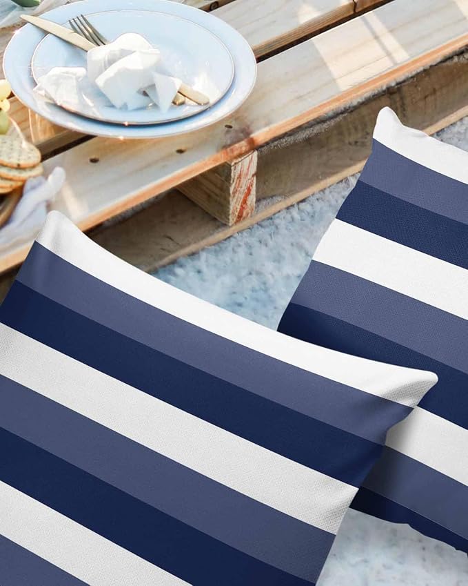 Pack of 2 Navy Blue Stripes Outdoor Pillow Waterproof Covers 18x18 inch, Geometric Pattern Polyester Throw Pillow Covers Garden Cushion Decorative Case for Patio Couch Decoration