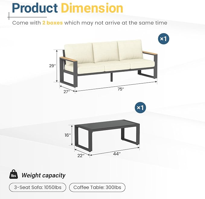 RoyalCraft Aluminum Outdoor Patio Furniture Set with Height-Adjustable Footrest, 3-Seats All-Weather Patio Sofa Sets with Coffee Table for Porch Backyard Garden Patio, Beige