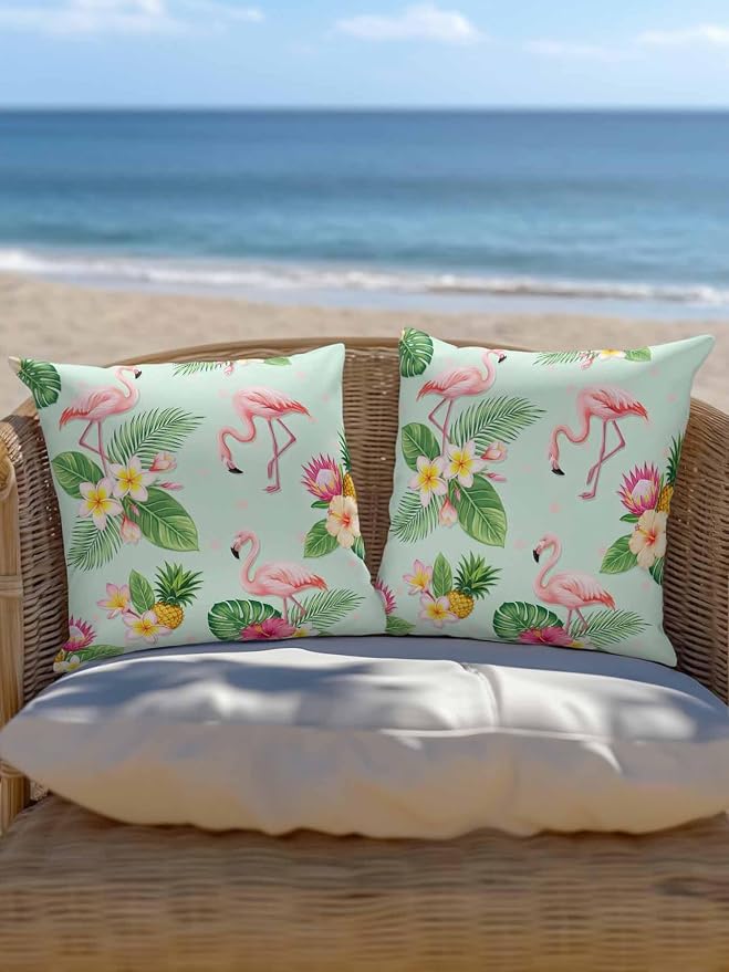 Outdoor Waterproof Throw Pillows 18x18in, Summer Flamingos Tropical Leaf Patio Pillows Pack of 2, Decorative Pillow Covers with Insert, Pillow Cushion Case for Garden Couch Sofa Pink Flower Pineapple